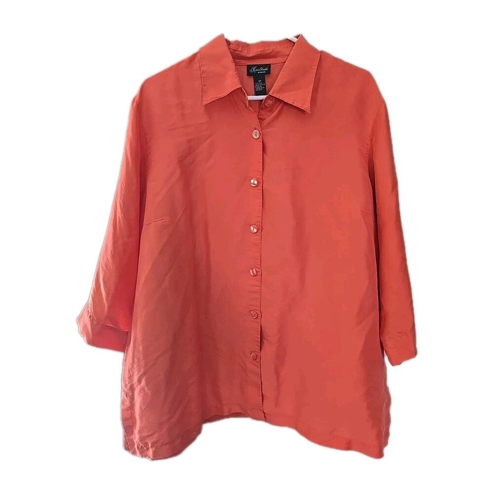 Karen Arnold Orange Silk 3/4 Sleeve Work Casual Button Down Shirt Womans Size 2X
